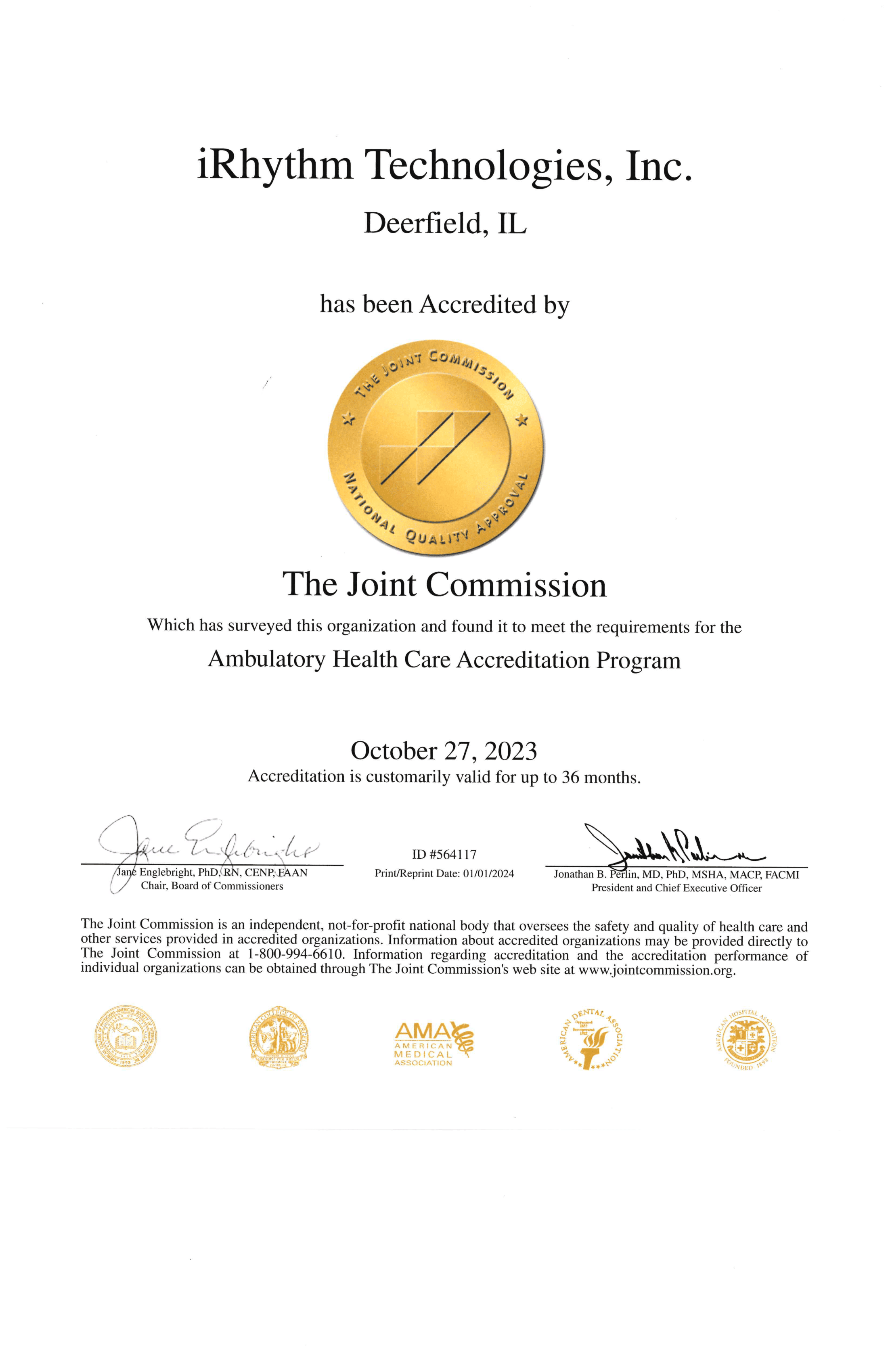 iRhythm Joint Commission Gold Seal of Approval