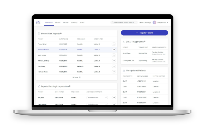 A picture of iRhythm's ZioSuite platform dashboard